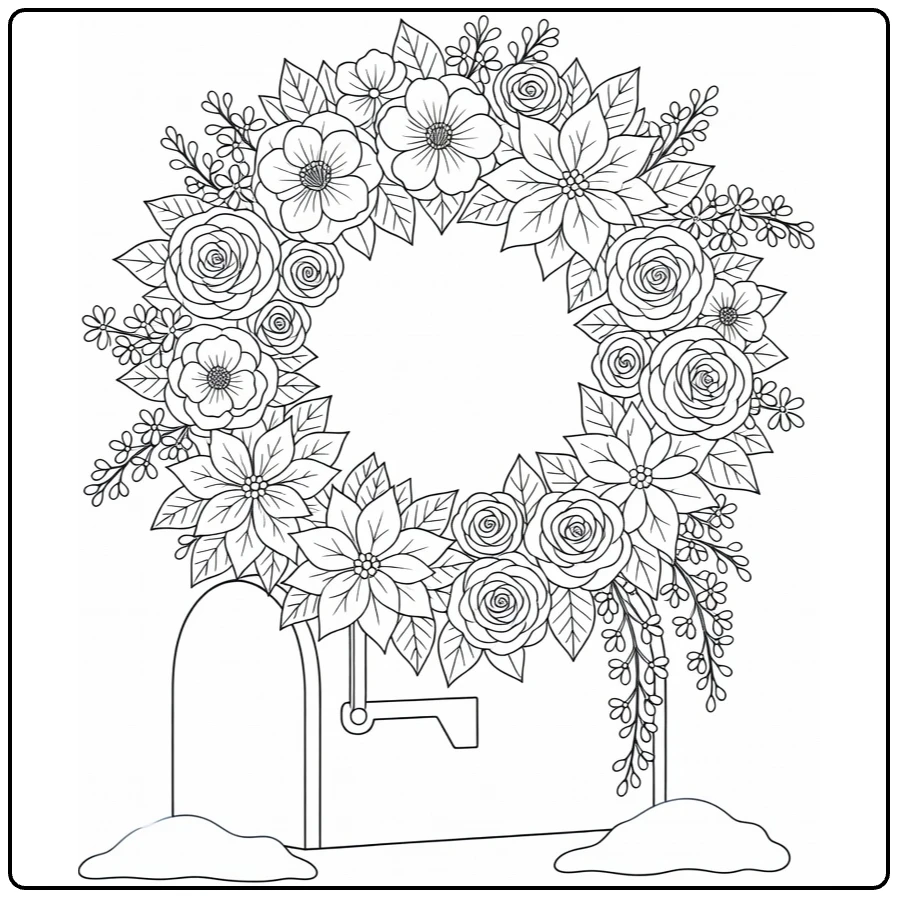 Christmas wreath coloring page featuring flowers on a snowy mailbox
