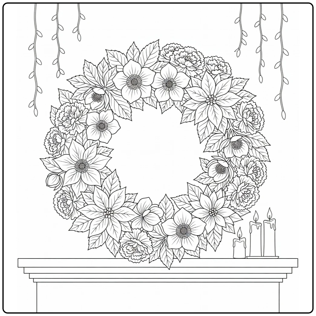 Christmas wreath coloring page showing flowers and candles on a mantel