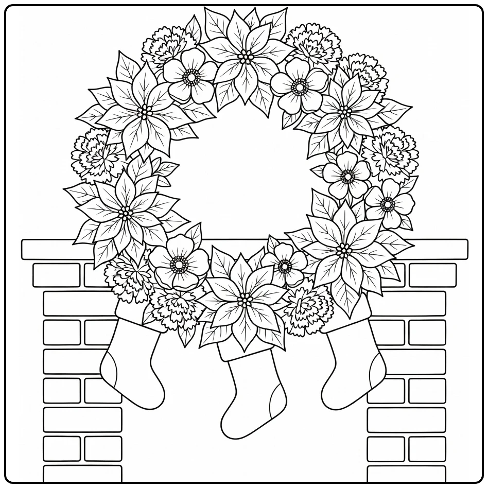 Christmas wreath coloring page showing a wreath and stockings over a fireplace
