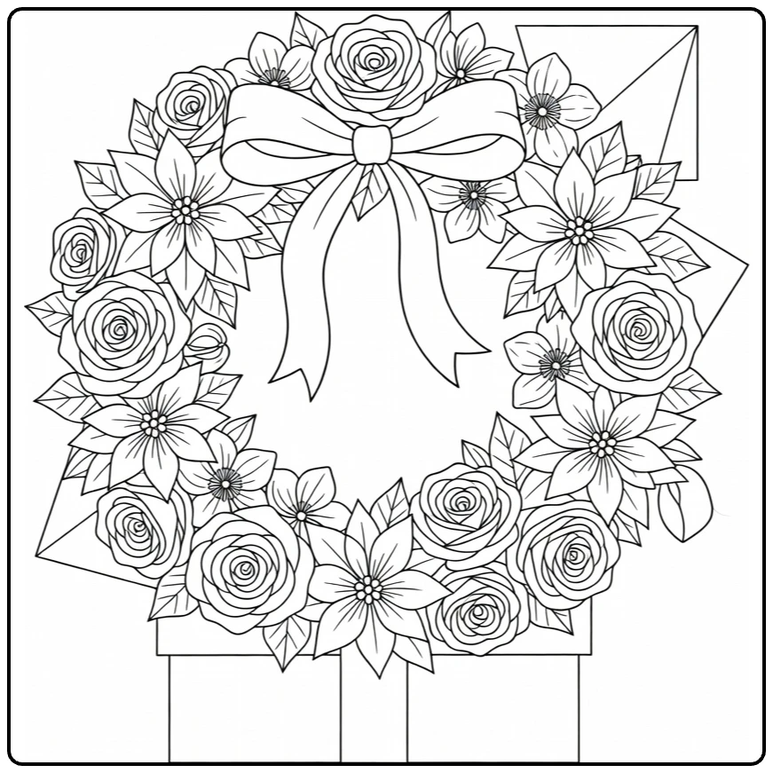 Christmas wreath coloring page featuring flowers, ribbon, and a present