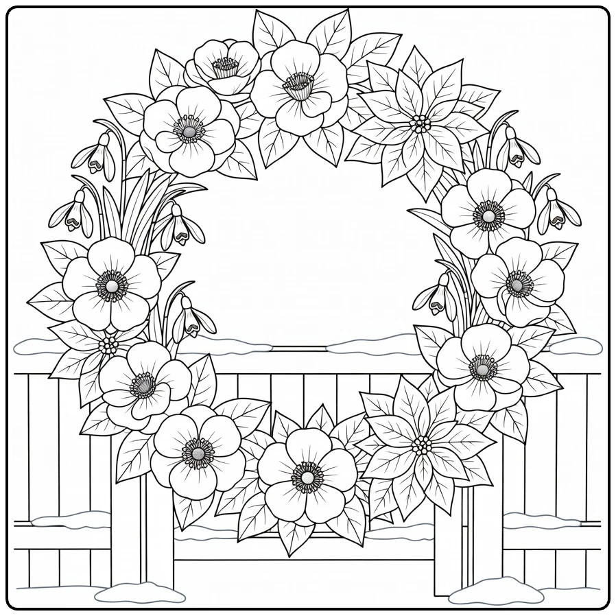 Christmas wreath coloring page featuring winter flowers on a garden gate