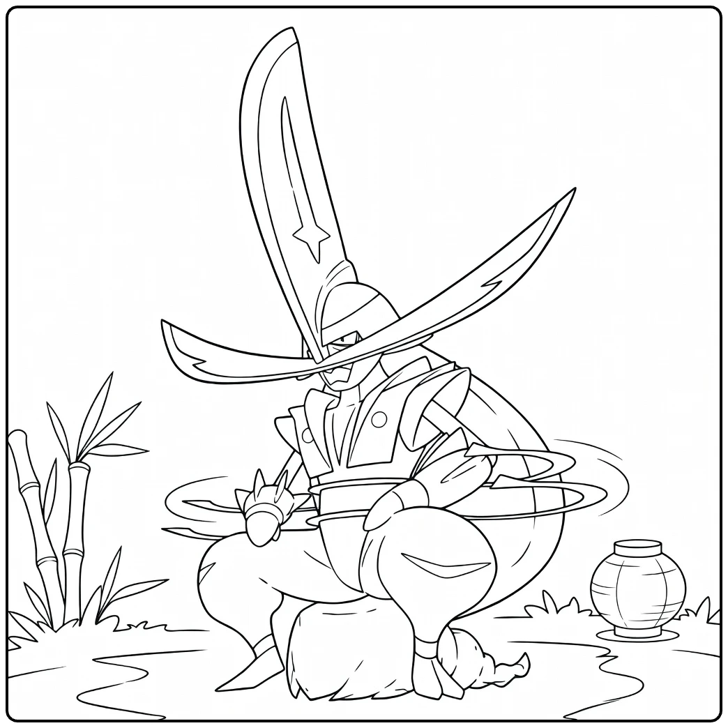 Kingambit in Action with Lantaarn and Grass coloring page