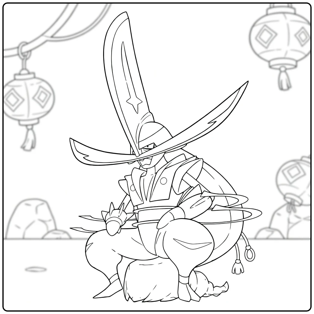 Kingambit in Action Pose with Hat and Lanterns coloring page