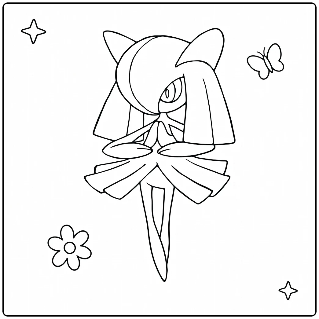 Kirlia in Ballet Pose with Butterflies and Stars coloring page