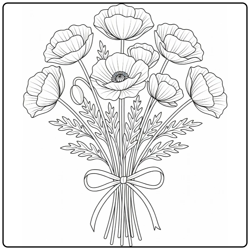 Poppy coloring page showing a flower bouquet tied with ribbon
