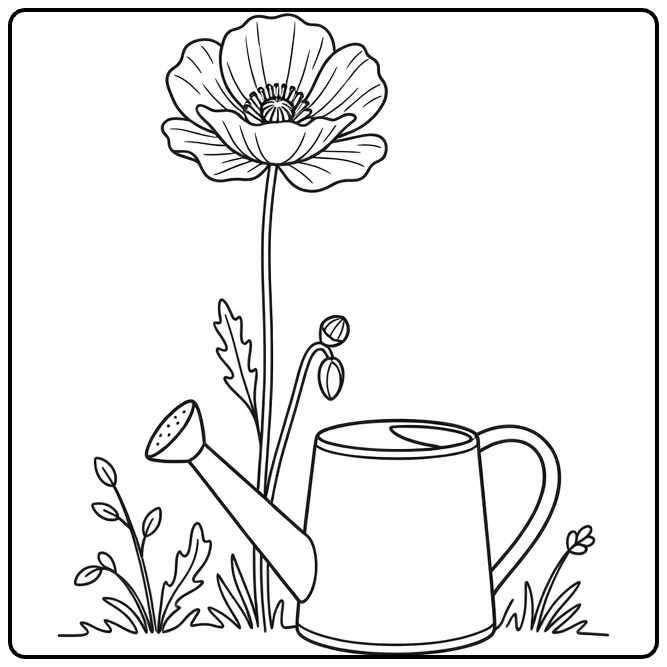 Poppy coloring page with a watering can beside a tall flower