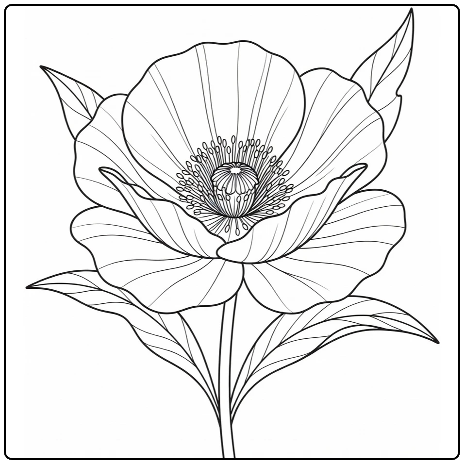 Close-up poppy coloring page with open petals and leaves