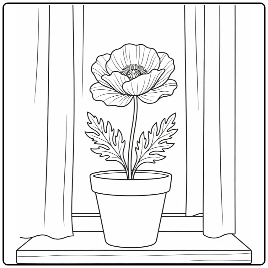 Poppy coloring page showing a flowerpot on a windowsill with curtains