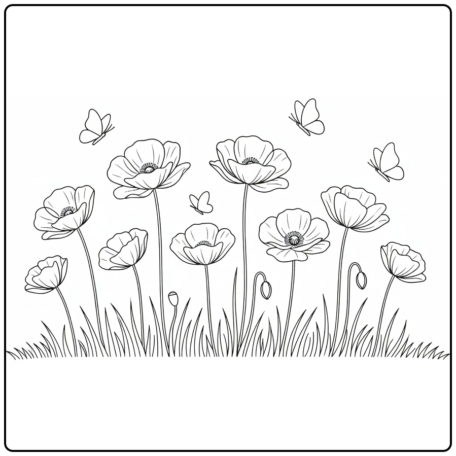 Poppy coloring page featuring flowers in a meadow with butterflies