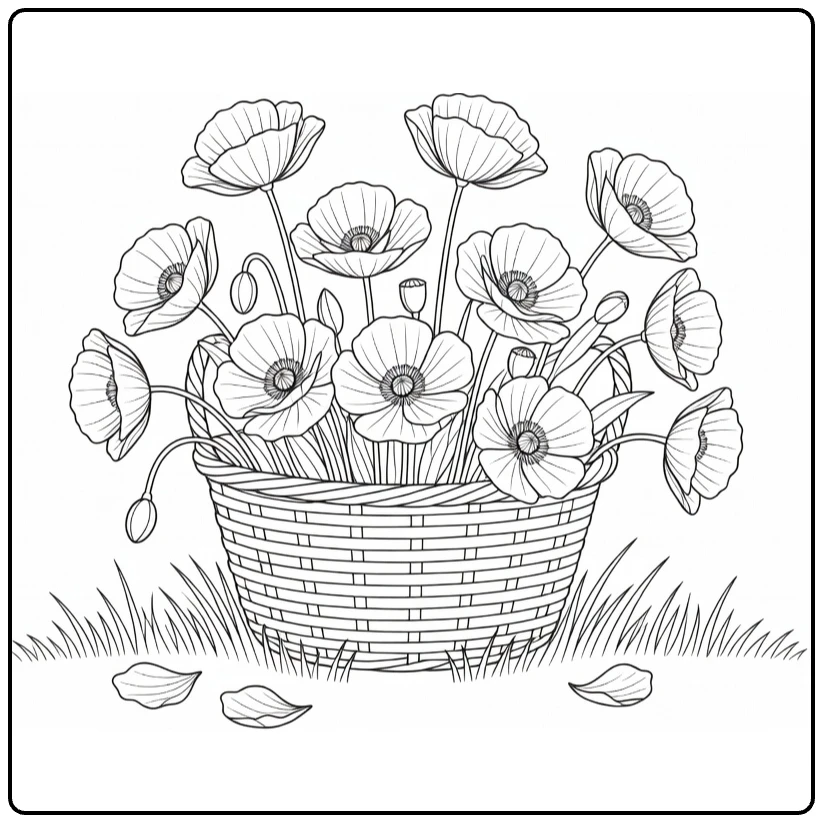 Poppy coloring page featuring a basket full of flowers in the grass