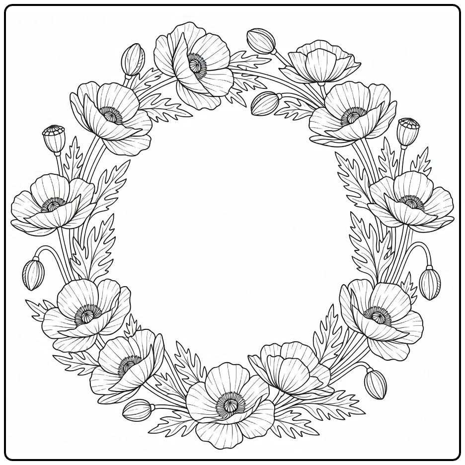 Poppy coloring page featuring a round wreath of flowers and leaves