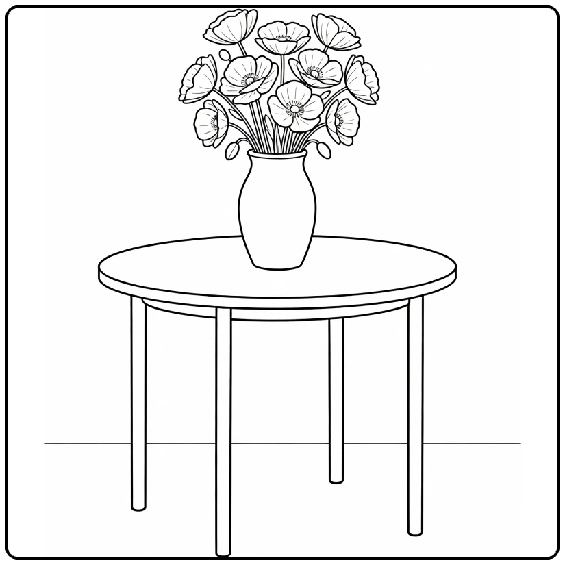 Poppy coloring page showing flowers in a vase on a table