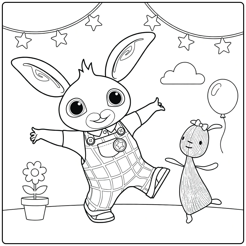 Happy Bing with Balloon and Stars coloring page