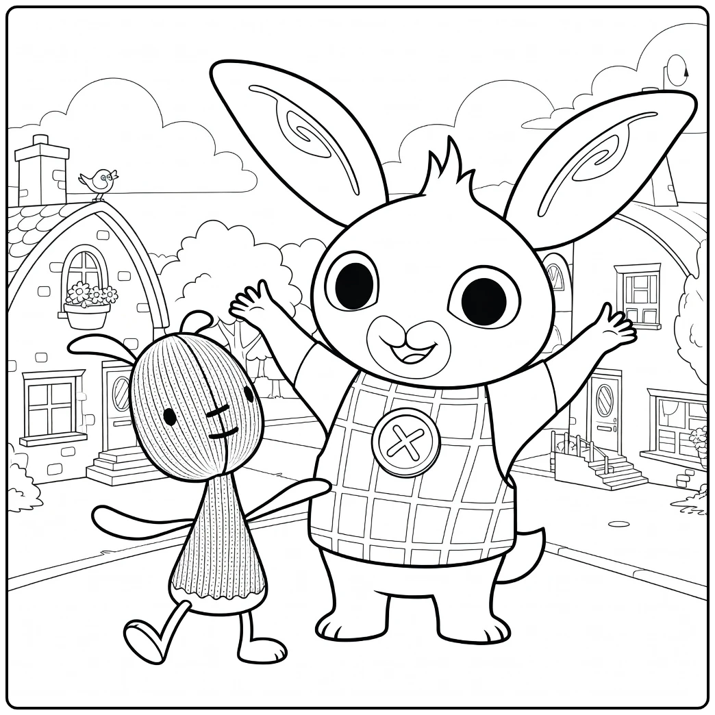 Bing coloring page with a bunny and knitted friend in a village