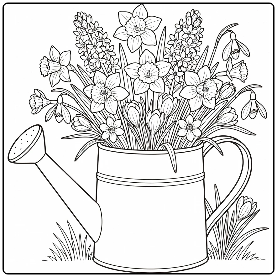 Flower coloring page with a watering can full of spring flowers