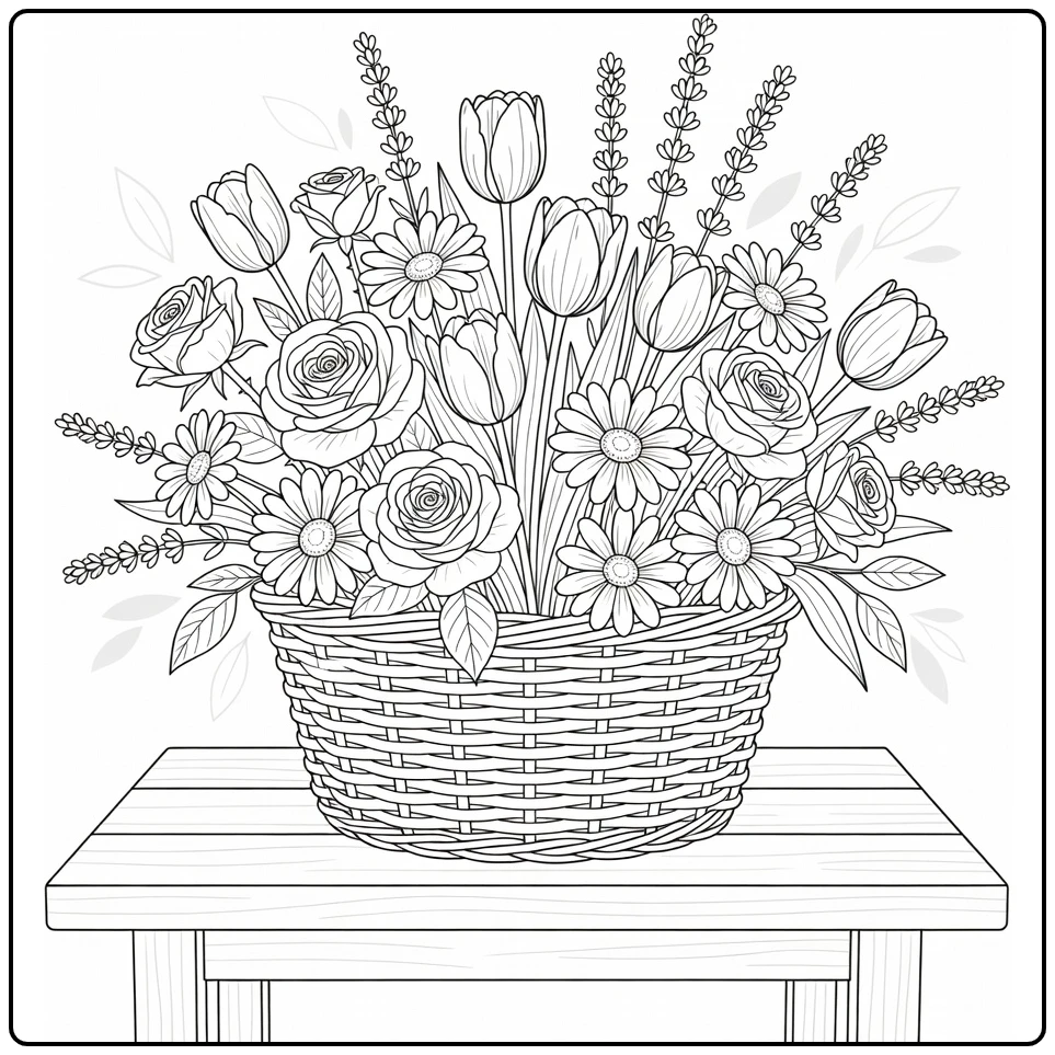 Flower coloring page featuring a rustic basket of roses, tulips, and lavender