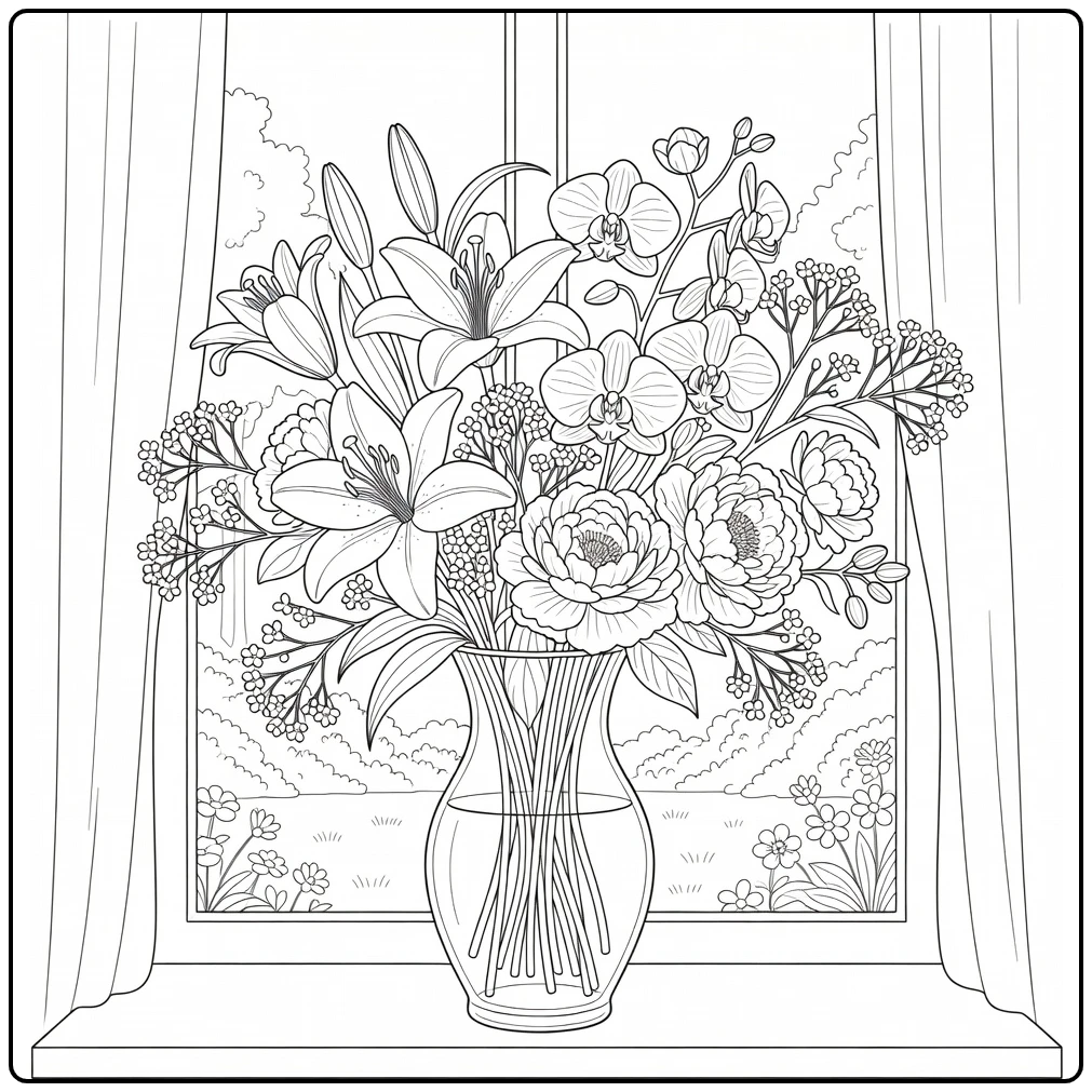 Flower coloring page featuring lilies, orchids, and peonies in a vase