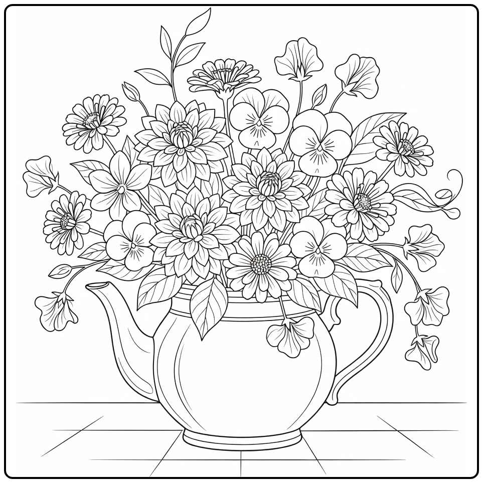 Flower coloring page showing a teapot planter filled with garden blooms