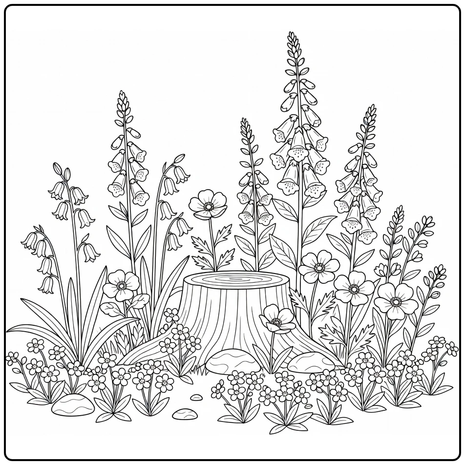 Wildflower coloring page featuring flowers growing around a tree stump