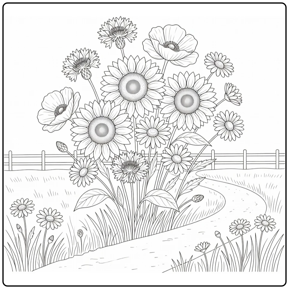 Flower coloring page showing a peaceful wildflower meadow beside a fence