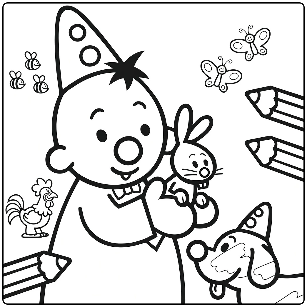 Bumba with Animals and Colored Pencils coloring page