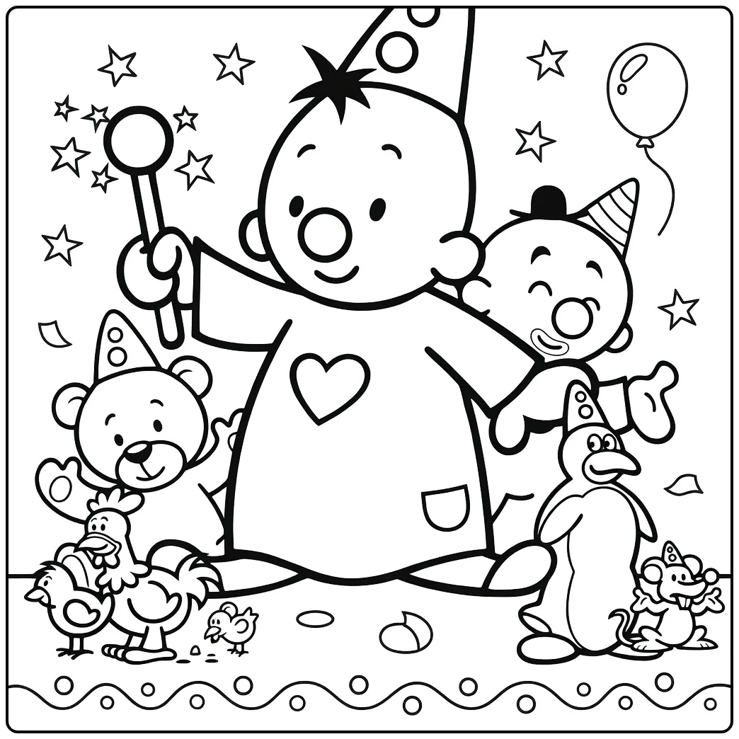 Clown Bumba and Cute Animal Friends coloring page