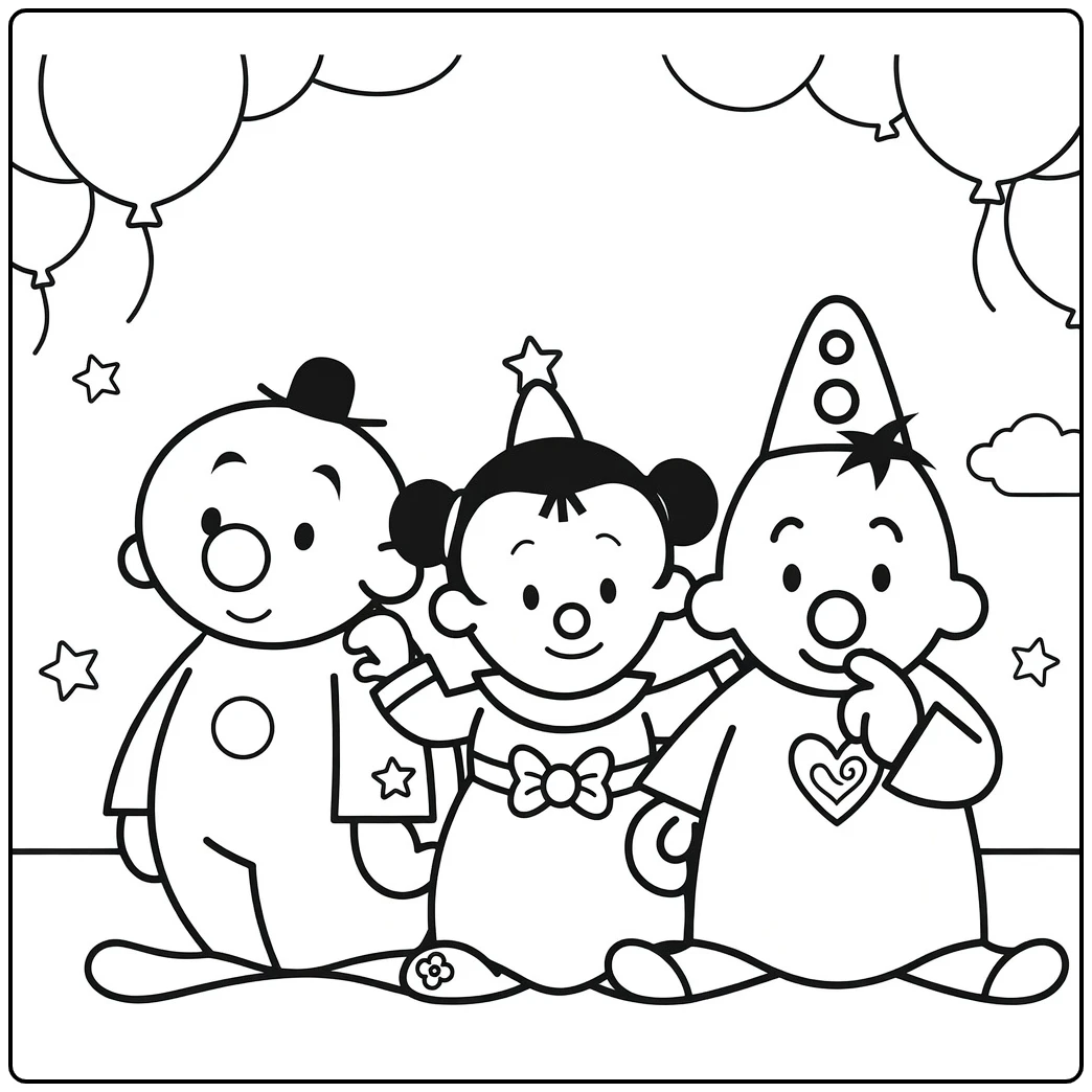 Bumba with Cheerful Circus Friends and Balloons coloring page