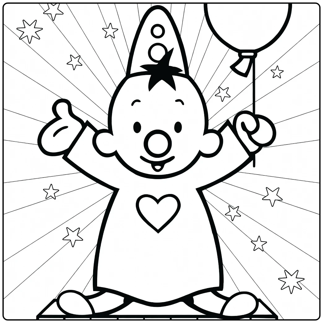 Bumba coloring page with a balloon, heart, and stars