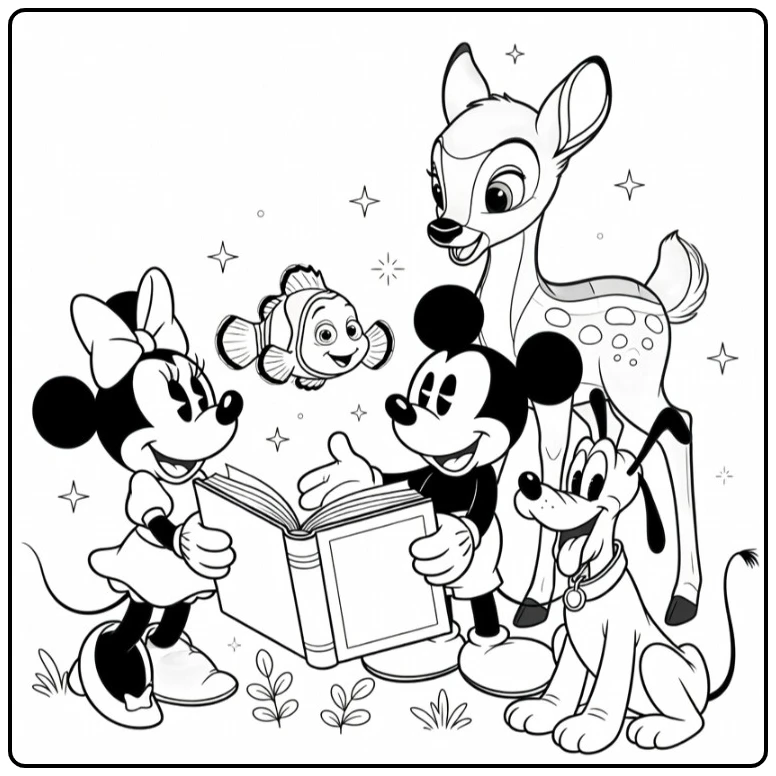 Disney coloring page showing Mickey, Minnie, Bambi, Nemo, and Pluto together