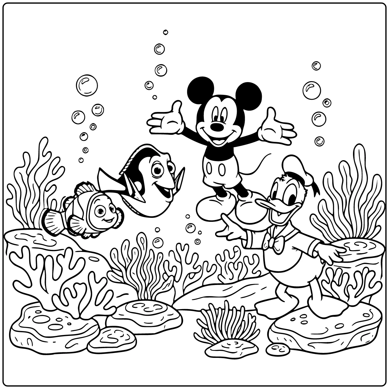 Disney coloring page showing Nemo, Dory, Mickey, and Donald underwater