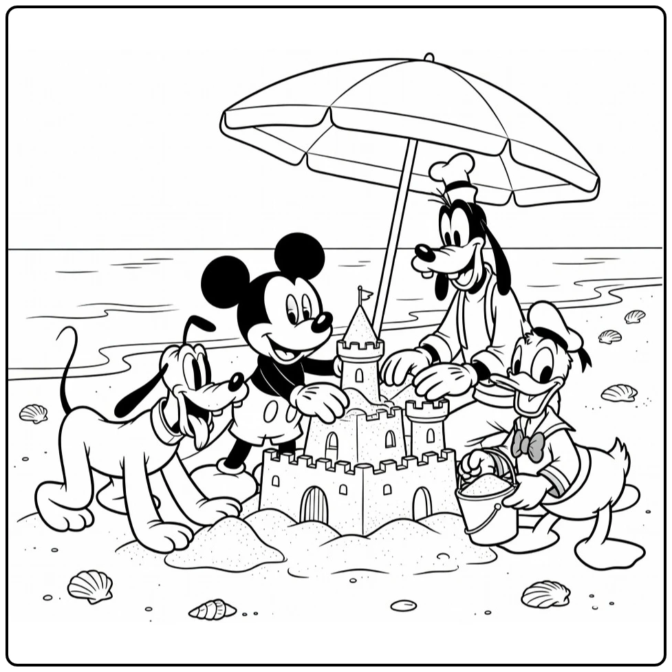 Disney coloring page featuring Mickey and friends at the beach