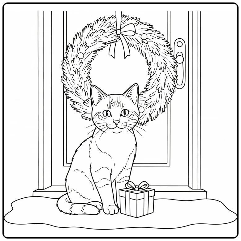 Christmas Kitten Door with Wreath and Suit coloring page
