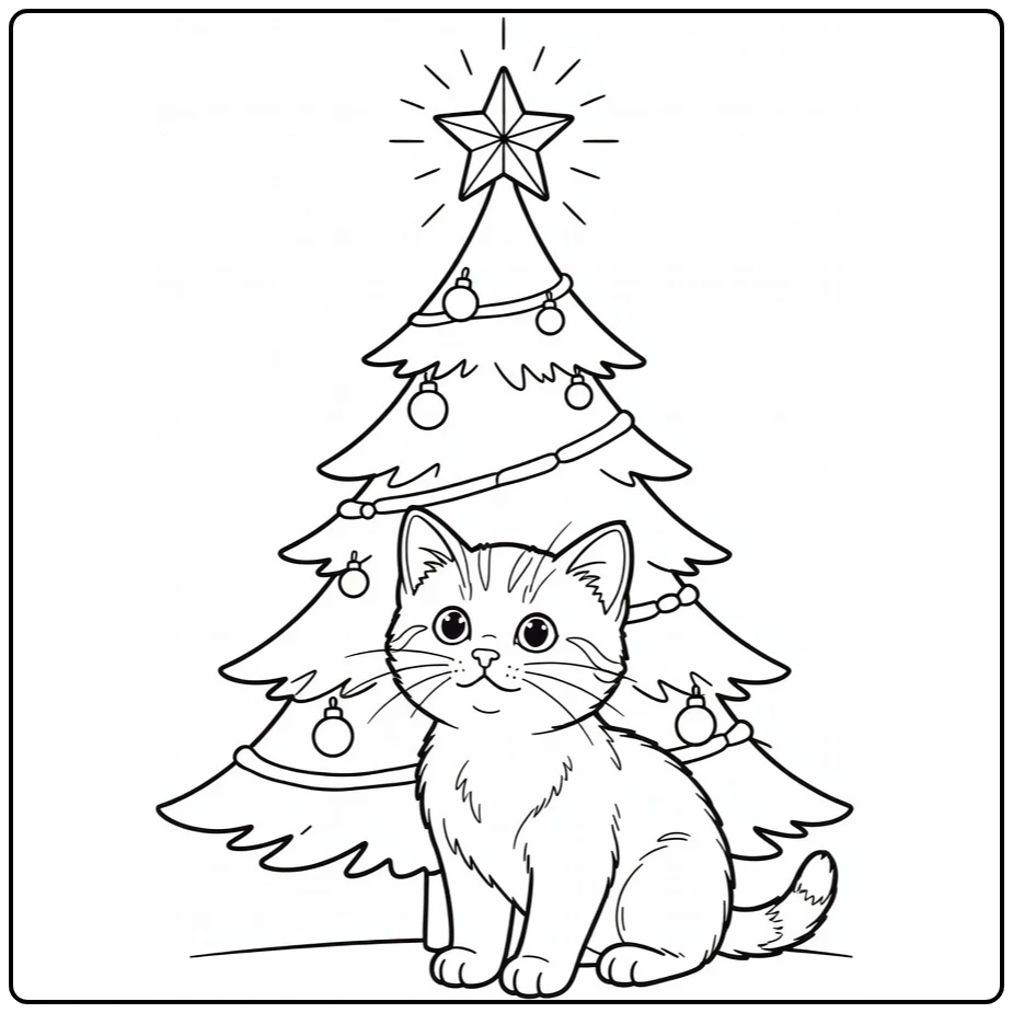 Kitten Christmas Tree with Star coloring page