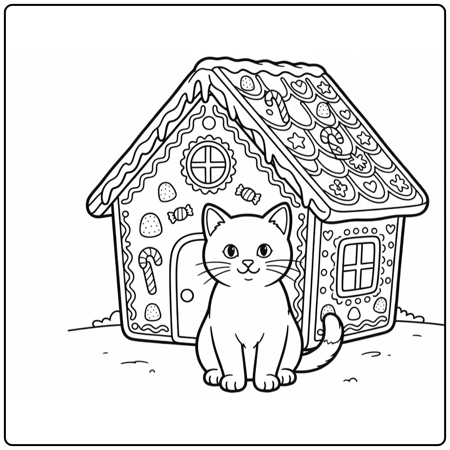 Christmas Kitten with Decorated Gingerbread House coloring page