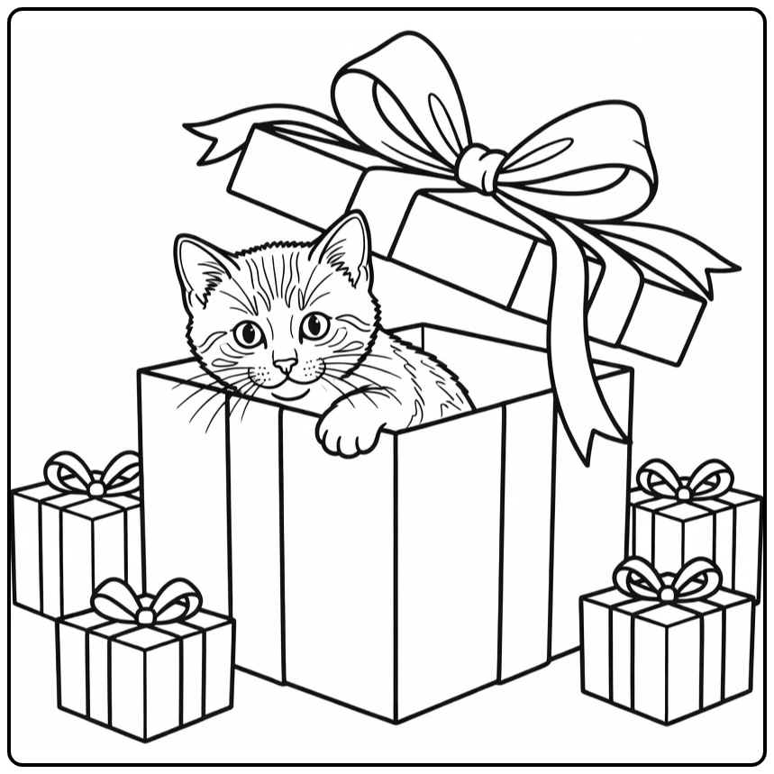 Christmas Kitten Peeking from Gift with Bow and Gifts coloring page