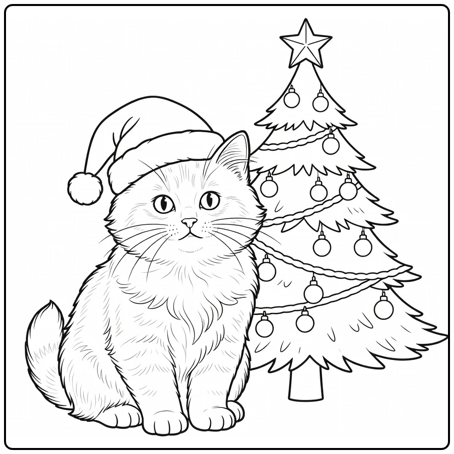 Christmas Kitten in Santa Hat Next to Tree coloring page