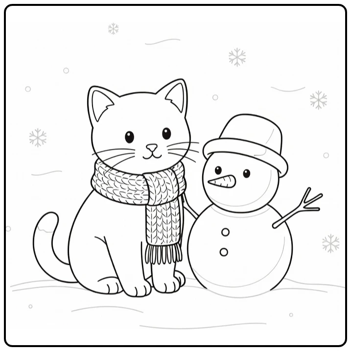 Christmas Kitten in Scarf Next to Snowman coloring page