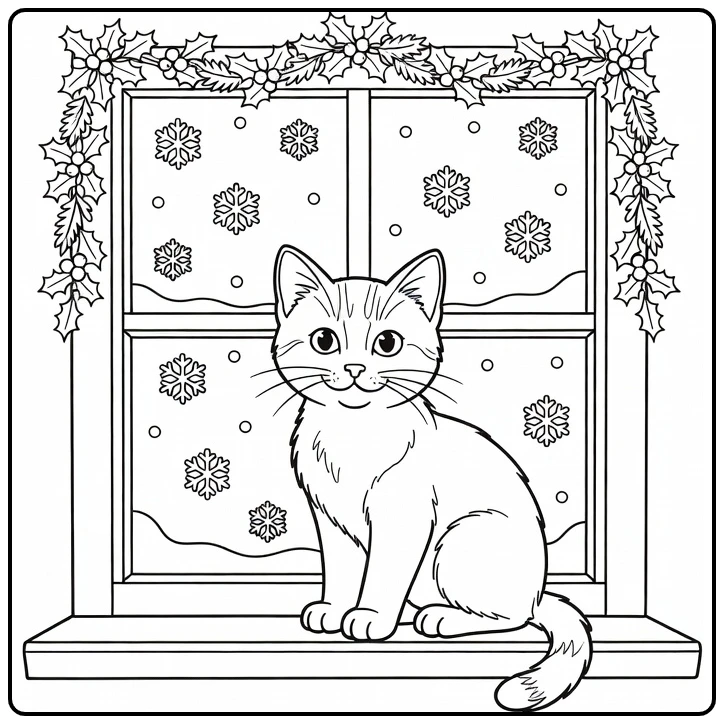 Christmas Kitten Looking Toward Snowflakes Outside coloring page