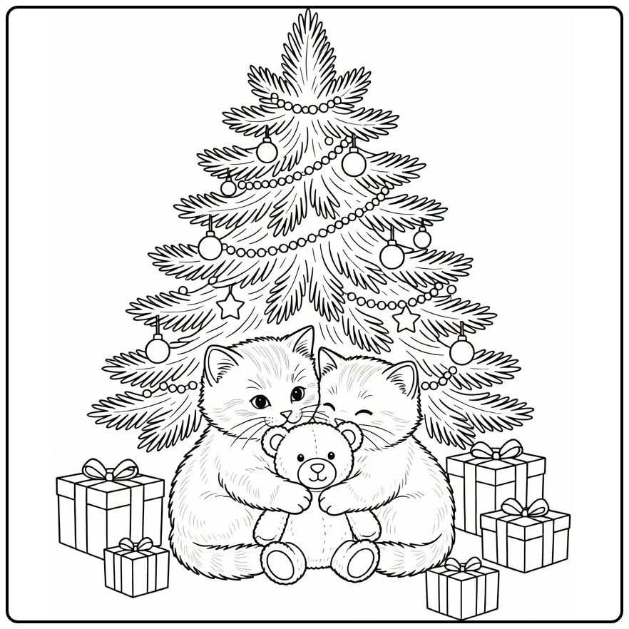 Kitten with Bear Under Christmas Tree coloring page
