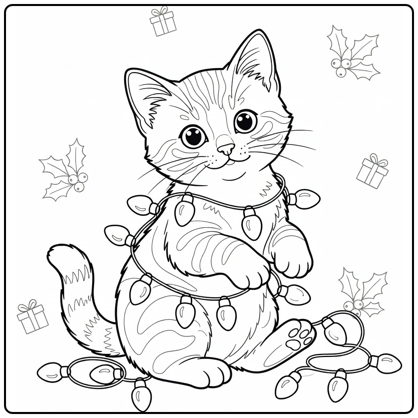 Christmas Kitten with Lights Around Paws coloring page