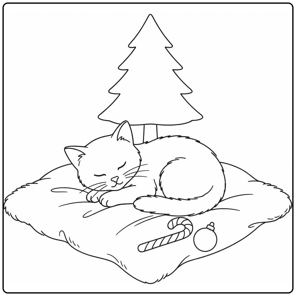 Christmas Kitten Candy Cane and Ornament with Tree coloring page