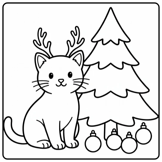 Christmas Kitten Next to Tree with Ornaments coloring page