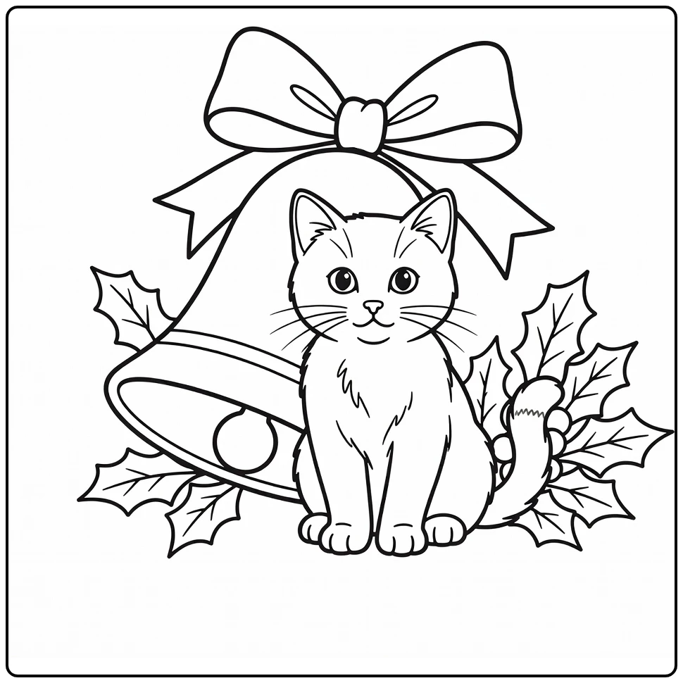 Christmas Kitten Next to Big Bell with Bow coloring page