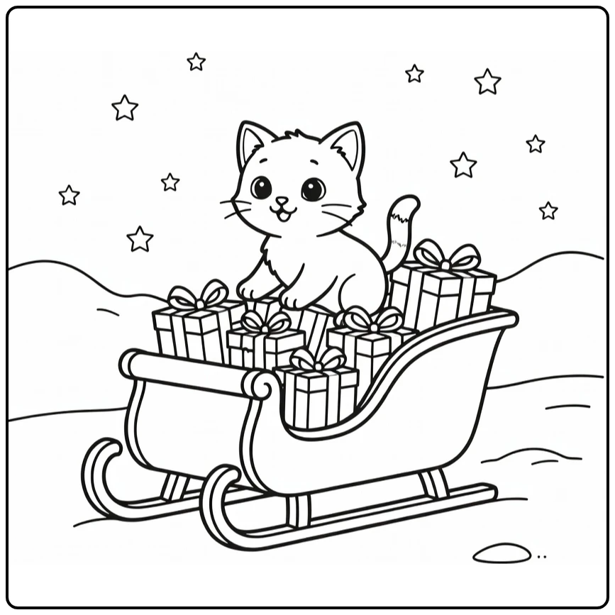 Christmas kitten coloring page in a sleigh with gifts and snow
