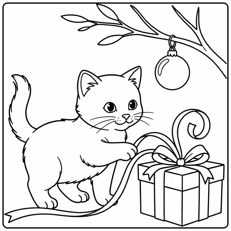 Kitten Playing with Christmas Gift Ribbon coloring page