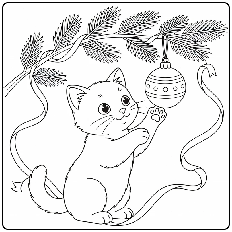 Christmas Kitten Playing with Ornament on Tree Branch coloring page