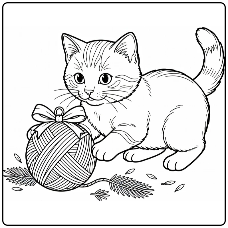 Christmas Kitten Playing with Ornament of Yarn and Bow coloring page