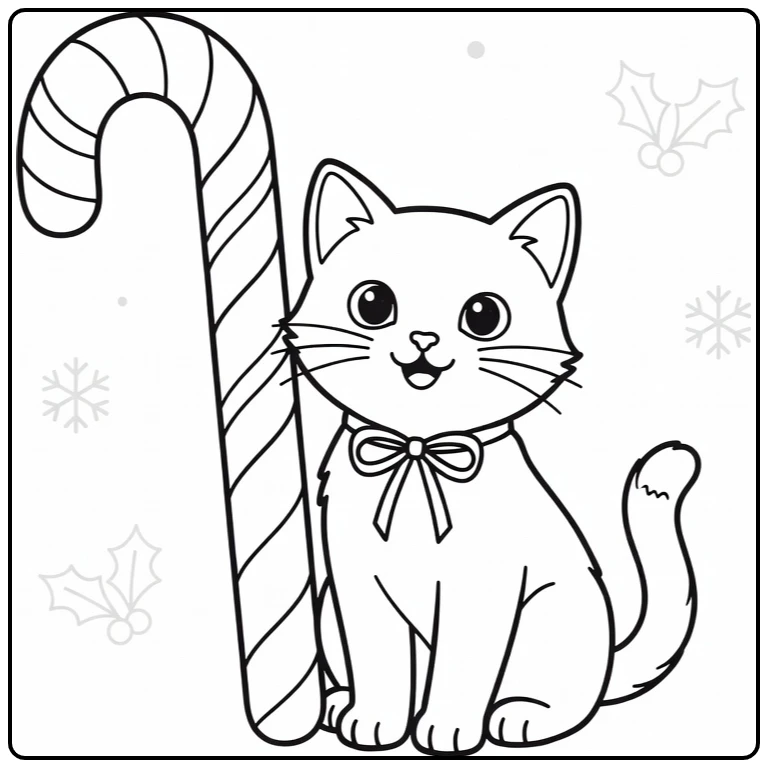Christmas Kitten Cheerful Bow with Candy Cane coloring page