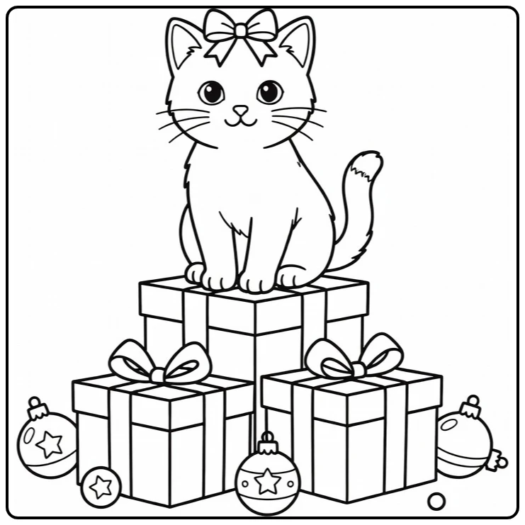 Christmas Kitten Sitting on Gifts with Festive Bow coloring page