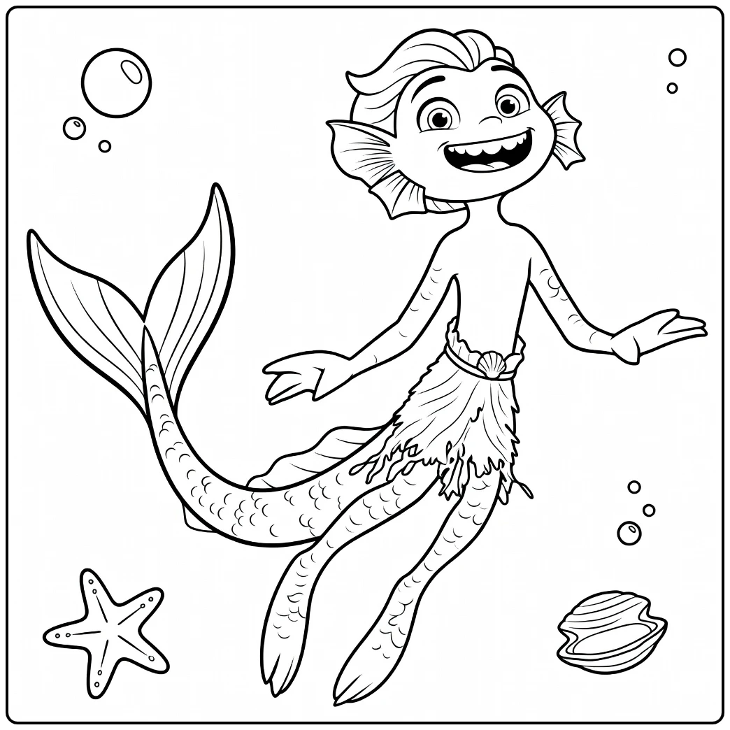 coloring page luca happy pixar zeemonster zwemt